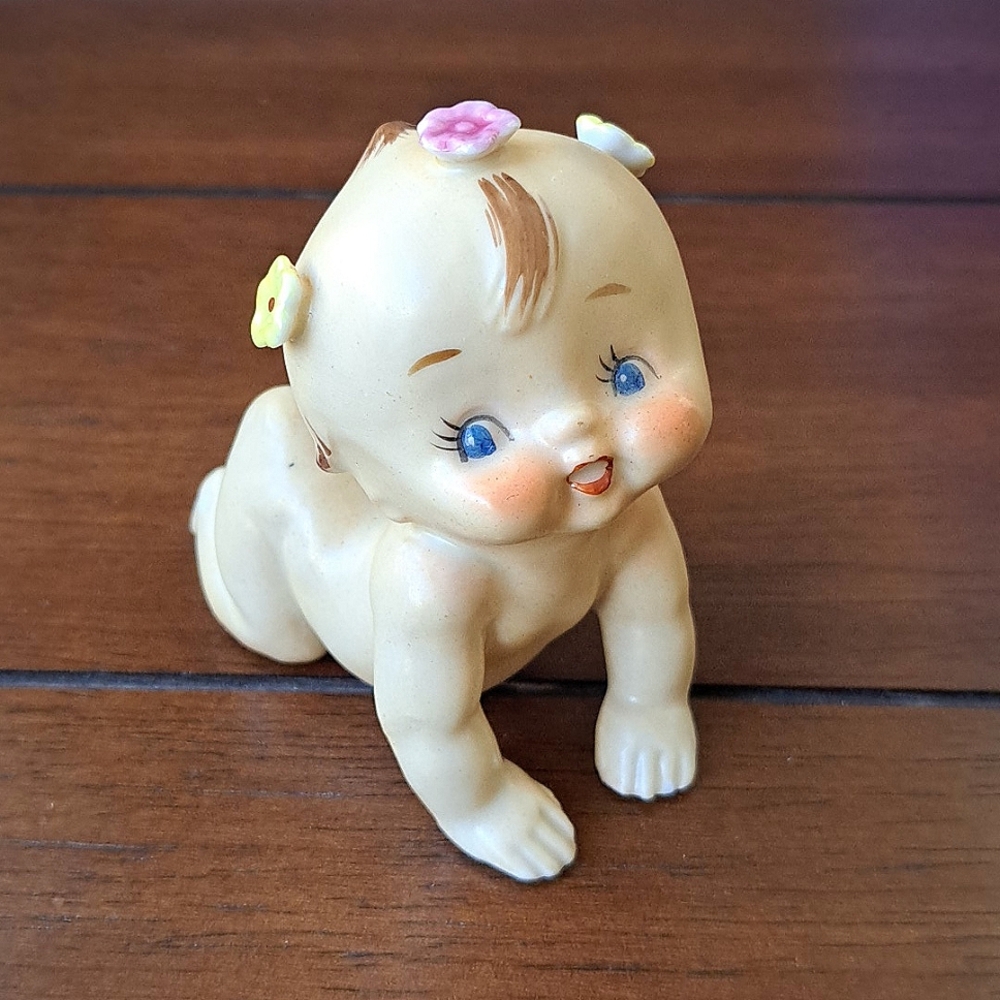 Vintage Nippon Japan Porcelain Kewpie Doll Blue Eyed Crawling Piano Baby Kitsch